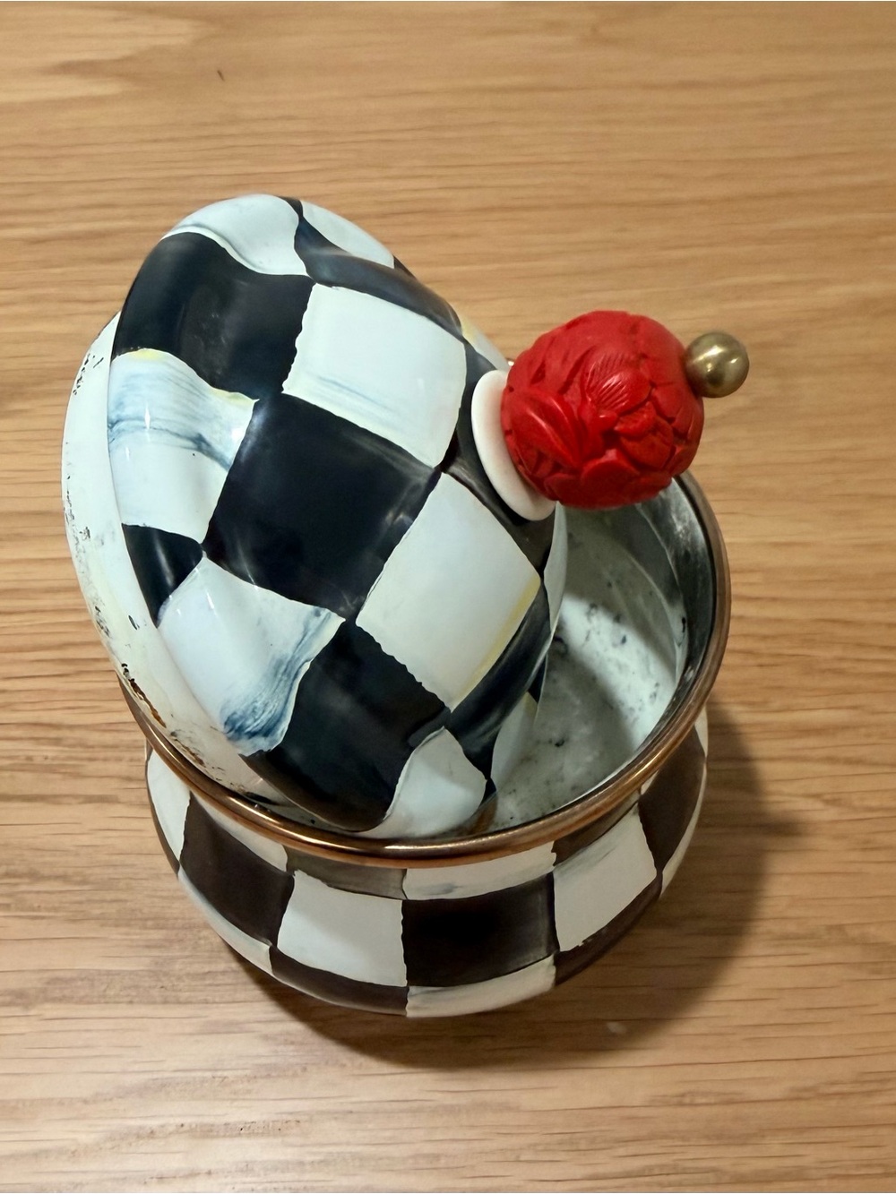 MacKenzie-Childs Black & White Check Ceramic Jar with Red Knob